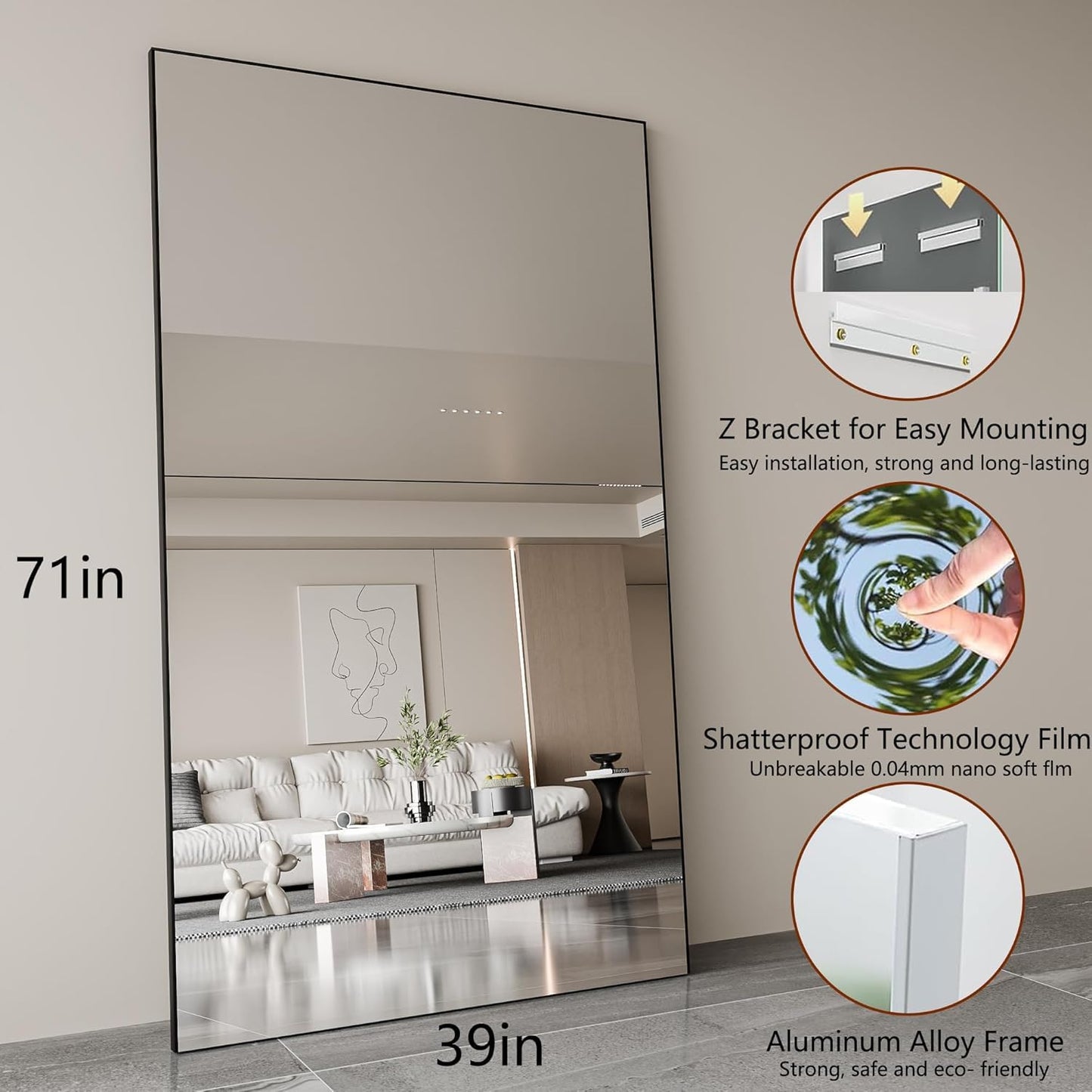 Fitcleer Glassless Full Length Floor Mirror 71”×39”, Shatterproof Large Leaning or Wall Mounted Mirror for Bedroom, Living Room, or Home Gym, Ultra-Light Black Frame