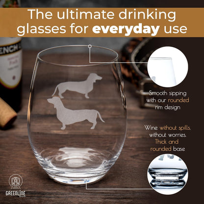Greenline Goods Dachshund Stemless Wine Glass (One Glass) - Hand Etched Weiner Dog Lovers Gift