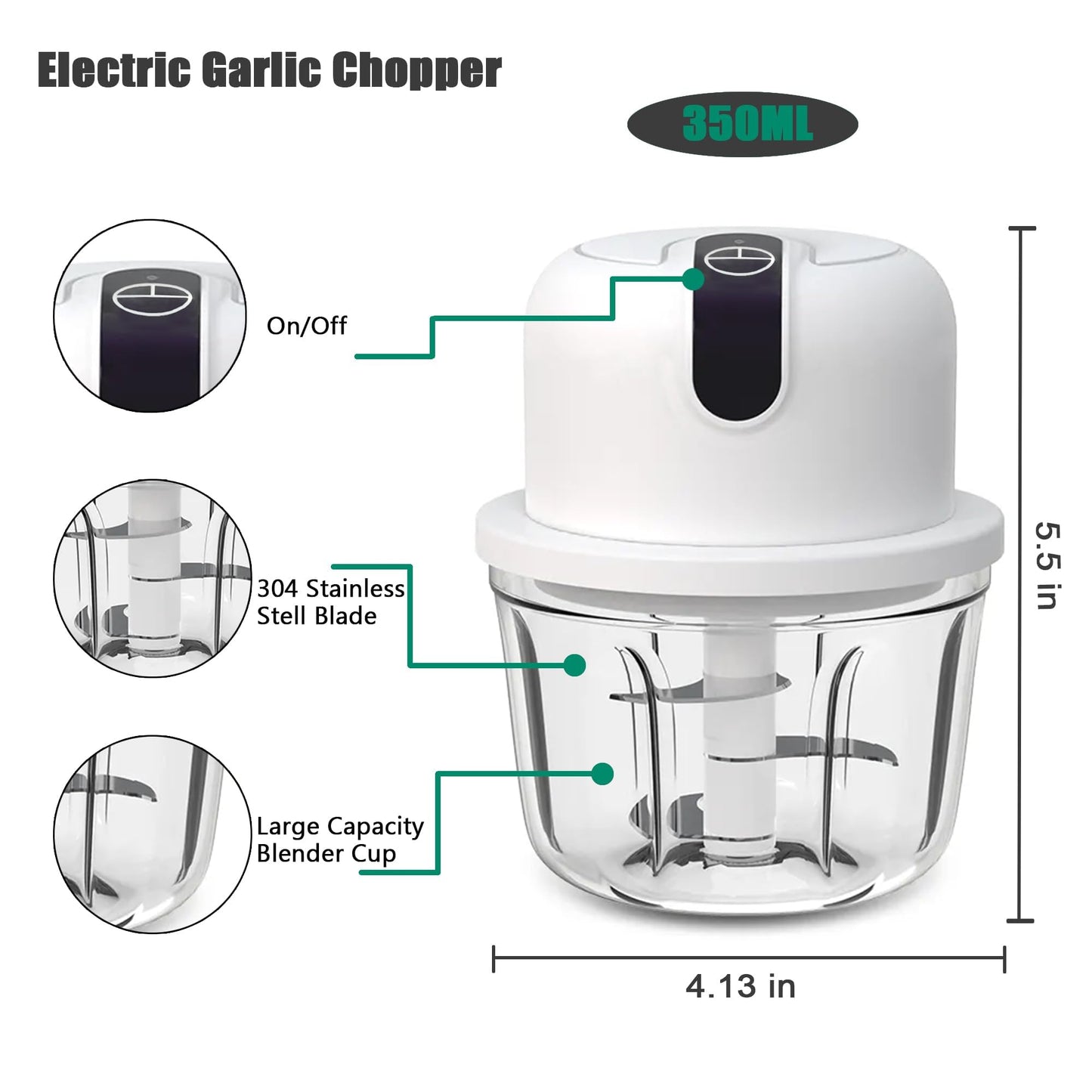 White 3 CUP Electric mini garlic crusher, USB rechargeable portable electric food crusher, wireless small kitchen processor for crushing garlic, ginger, chili, minced meat, onions, etc.(350+250+100ml)