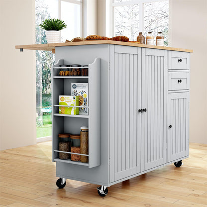 HLR Kitchen Island with Storage, Grey Rolling Kitchen Island on Wheels with Drop-Leaf Bar Countertop, Prep Table with Side Open Spice Rack and Tower Rack, Home Bar Carts with Storage