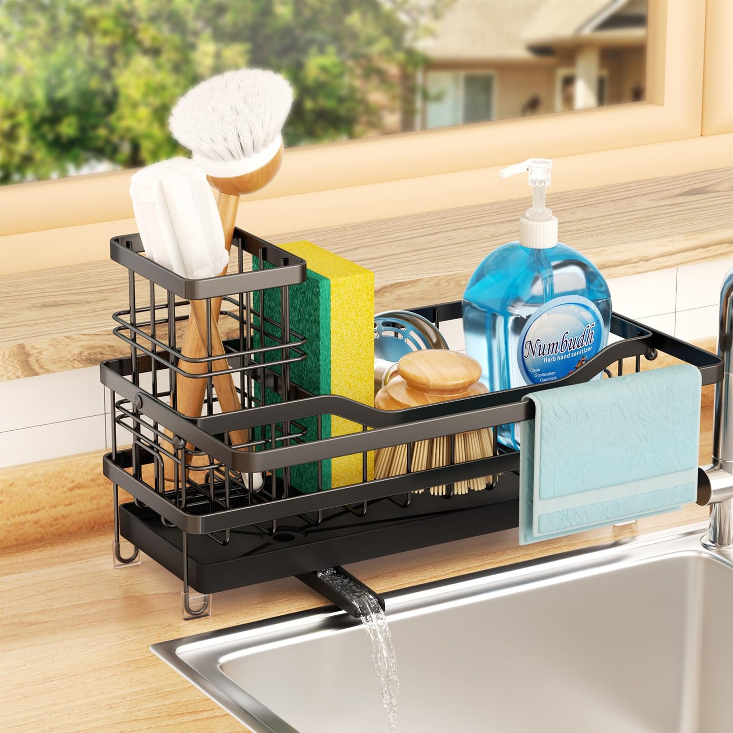 GUUKAR Sponge Holder for Kitchen Sink, Self-draining Sink Organizer with Towel Rack and Brush Holder, Metal Kitchen Sink Organizer for Countertop, Black