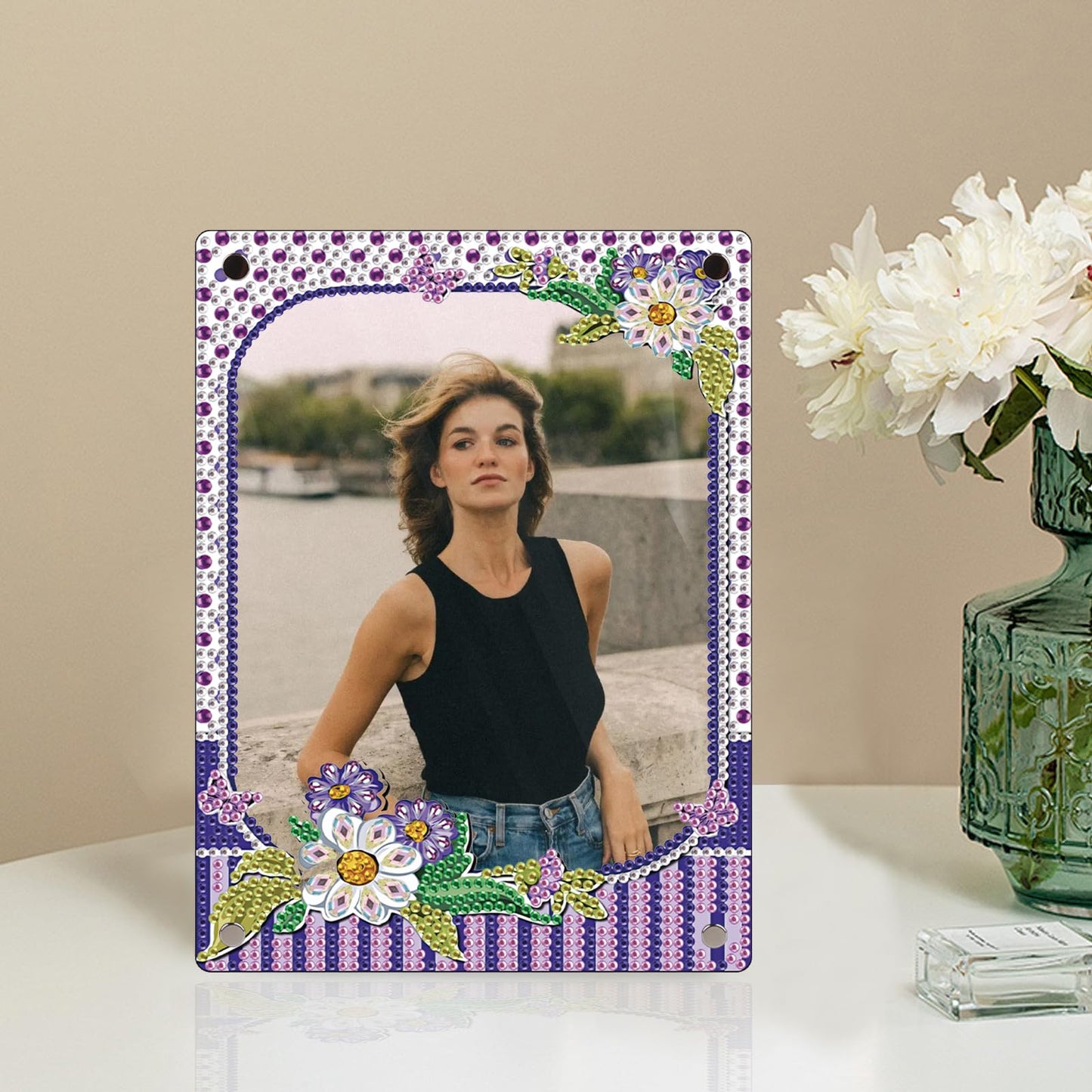 antor 5D Diamond Painting Kit Photo Frames with Stand Purple, Diamond Art Photo Frame Kits Desktop, 5D Special Shape Crystal Rhinestones Diamond Art Kits for Living Room Office Table Christmas Decor