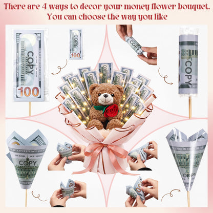 Mimorou DIY Money Bouquet Kit with Teddy Bear, Graduation 2026 Gift, Cash Flower Bouquet Wrapping Set for Birthday, Anniversary Present for Wife Grandma(Floral Bear,Pink Gold)