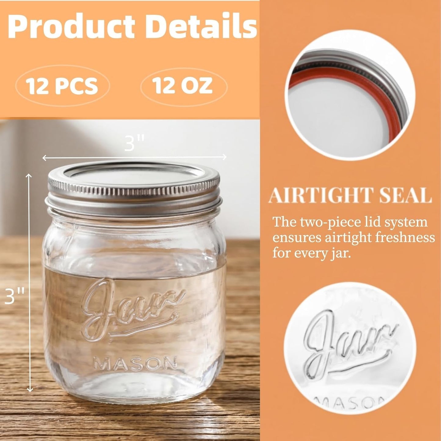 12 Pack 12 Oz Lyellfe Wide Mouth Mason Jars, Glass Canning Jars with Airtight Lids, Clear Mason Spice Jars for Jam
