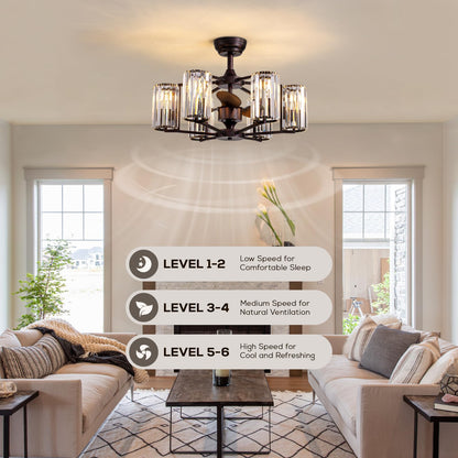 MOOONICHE 27" Crystal Chandelier Ceiling Fan 6-Light Vintage Flush Mounted Fandelier Reddish Brown Ceiling Fans with Lights and Remote for Bedroom Dining Living Room Kitchen Farmhouse Entry
