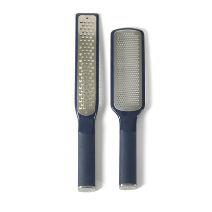 Calphalon Edge 2 Piece Stainless Steel Handheld Cheese Grater and Lemon Zester W/Covers & Rubber Handles - Navy Blue