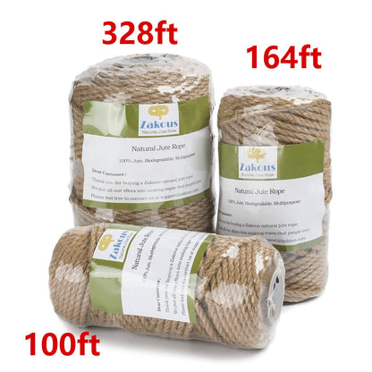 Zakous 5mm Jute Twine, Large Roll of Natural Jute Rope 328 Feet, Heavy Duty and Thick Twine Hemp Rope for DIY Arts Crafts, Gardening, Bundling，Home Decorating, Cat Scratching Post