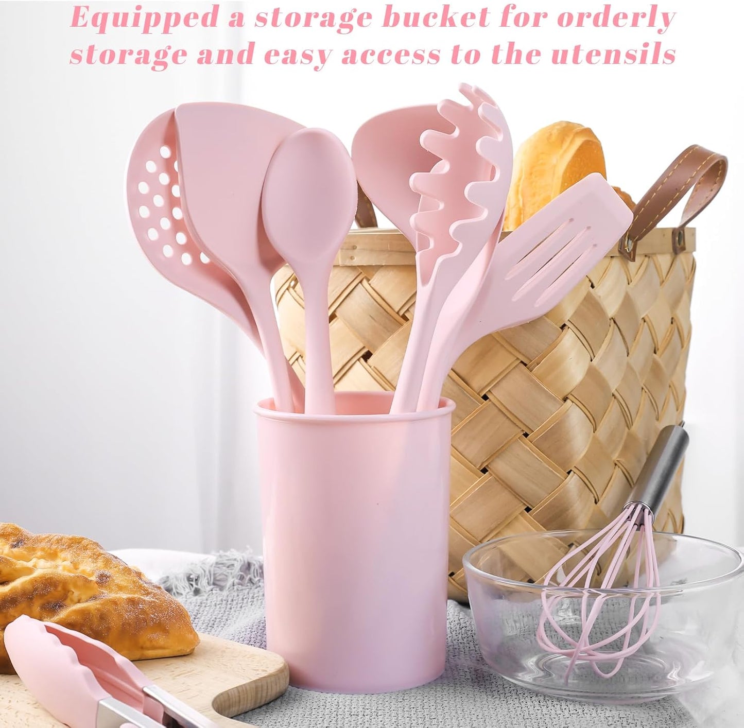 LOVEINUSA 10PCS Silicone Cooking Utensils Set, Heat Resistant Gadgets Tools for Nonstick Cookware, Dishwasher Safe Pink