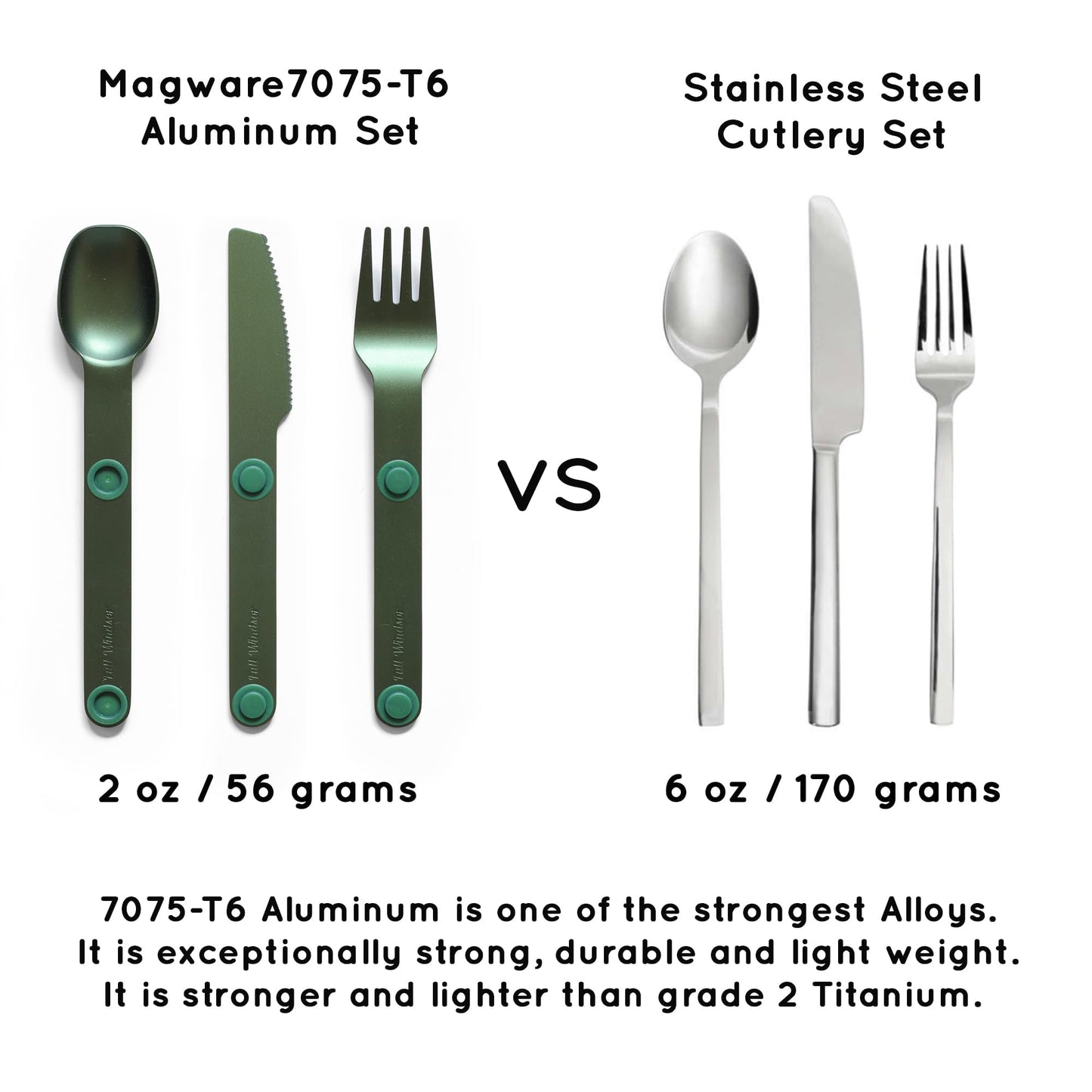 FULL WINDSOR - MAGWARE Magnetic Camping Cutlery Set - Travel Utensils for Camping, Cooking, and Outdoor Dining - Knife, Fork & Spoon - Portable Silverware with Pouch - Green (3 PCS)