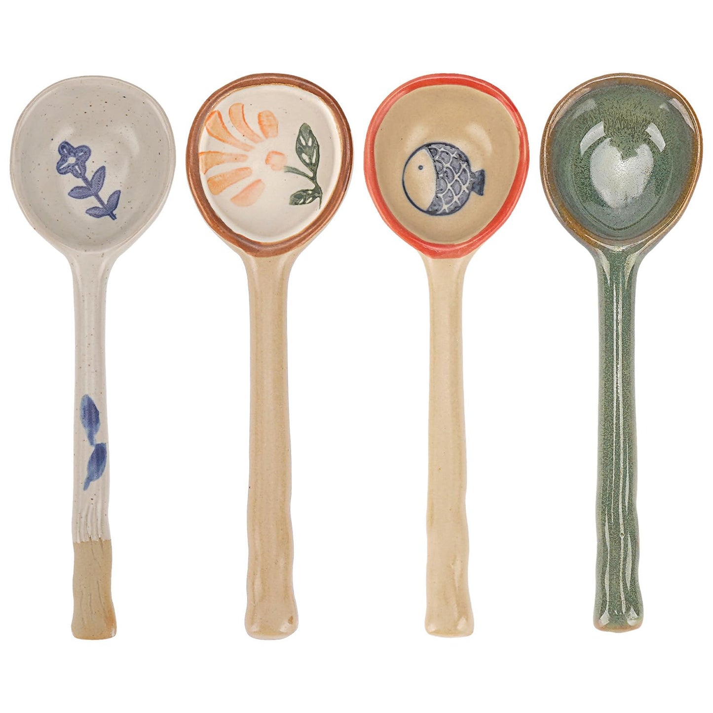 JANKOW 4 Pack Japanese Ceramic Soup Spoons, Slightly Larger Long Handle Design, Hand-Painted Porcelain Spoons for Miso, Wonton, Dumplings (Secure Packaging)