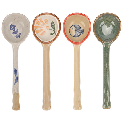 JANKOW 4 Pack Japanese Ceramic Soup Spoons, Slightly Larger Long Handle Design, Hand-Painted Porcelain Spoons for Miso, Wonton, Dumplings (Secure Packaging)