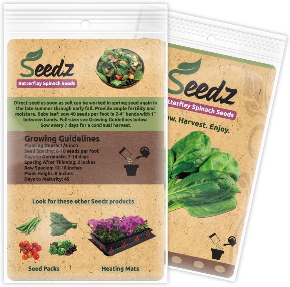 225, Organic Spinach Seeds, APPR. Butterflay Spinach, Heirloom Vegetable Seeds, Certified Organic, Non GMO, Non Hybrid