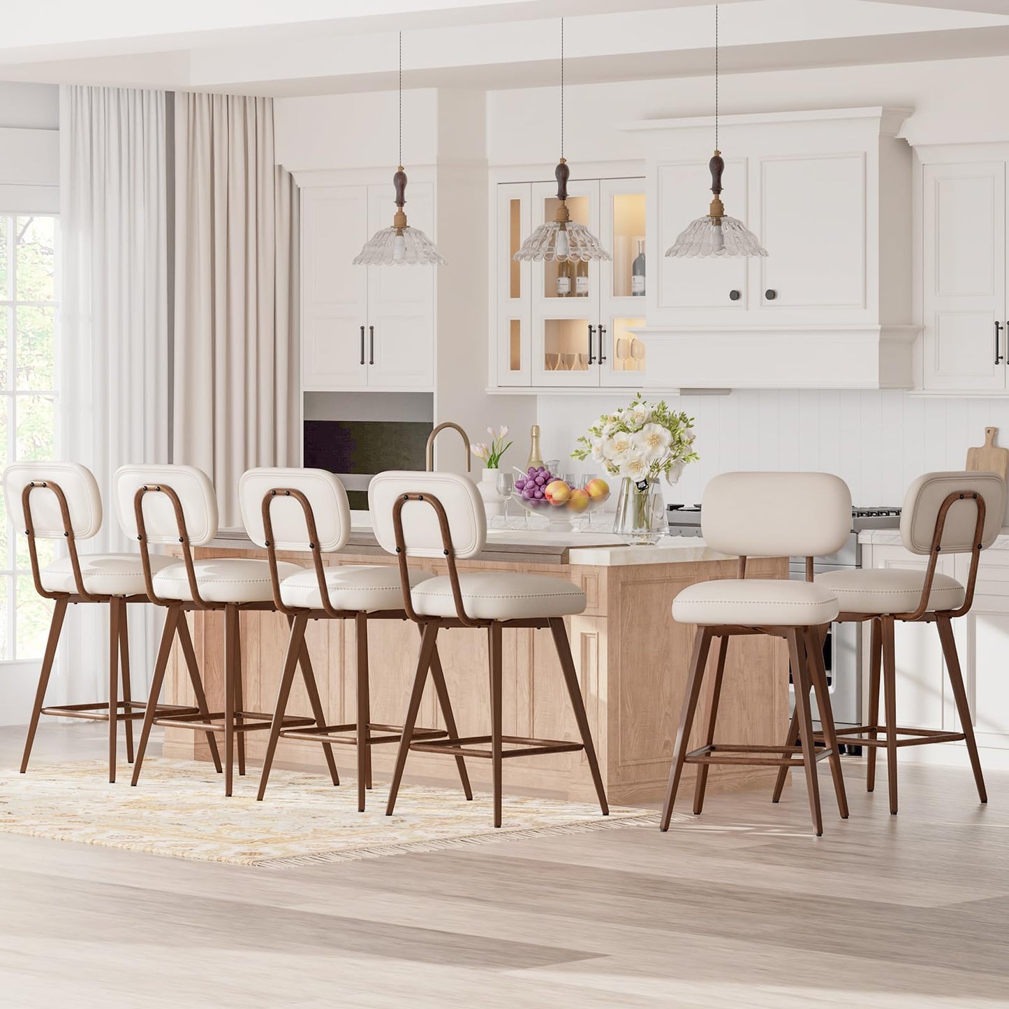 MALOL 26“ Swivel Bar Stools Set of 4, Mid Century PU Leather Counter Height Bar Chairs with Low Back and Metal Legs, Modern Bar Stool Chair for Kitchen Island, Beige