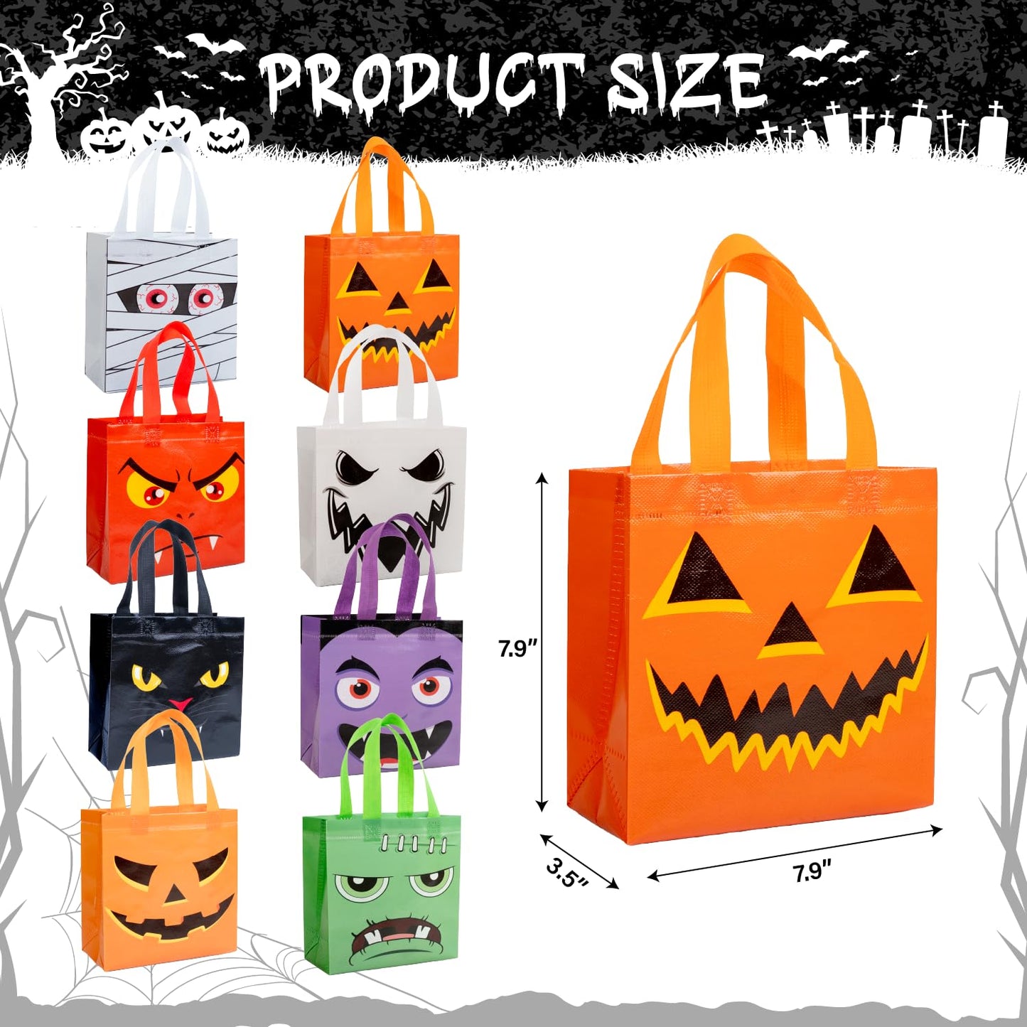 Jaywayang 16Pcs Halloween Trick or Treat Tote Bags with Handles ， Reusable Non-Woven Ghost Face Gift Bags for Adults Kids Gifts Wrapping, Party Supplies.