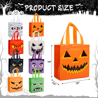 Jaywayang 16Pcs Halloween Trick or Treat Tote Bags with Handles ， Reusable Non-Woven Ghost Face Gift Bags for Adults Kids Gifts Wrapping, Party Supplies.