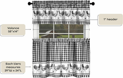 Light Filtering Printed Tier & Valance Window Curtain Set - 58 Inch Length, 24 Inch Width - Barnyard (Black), Machine