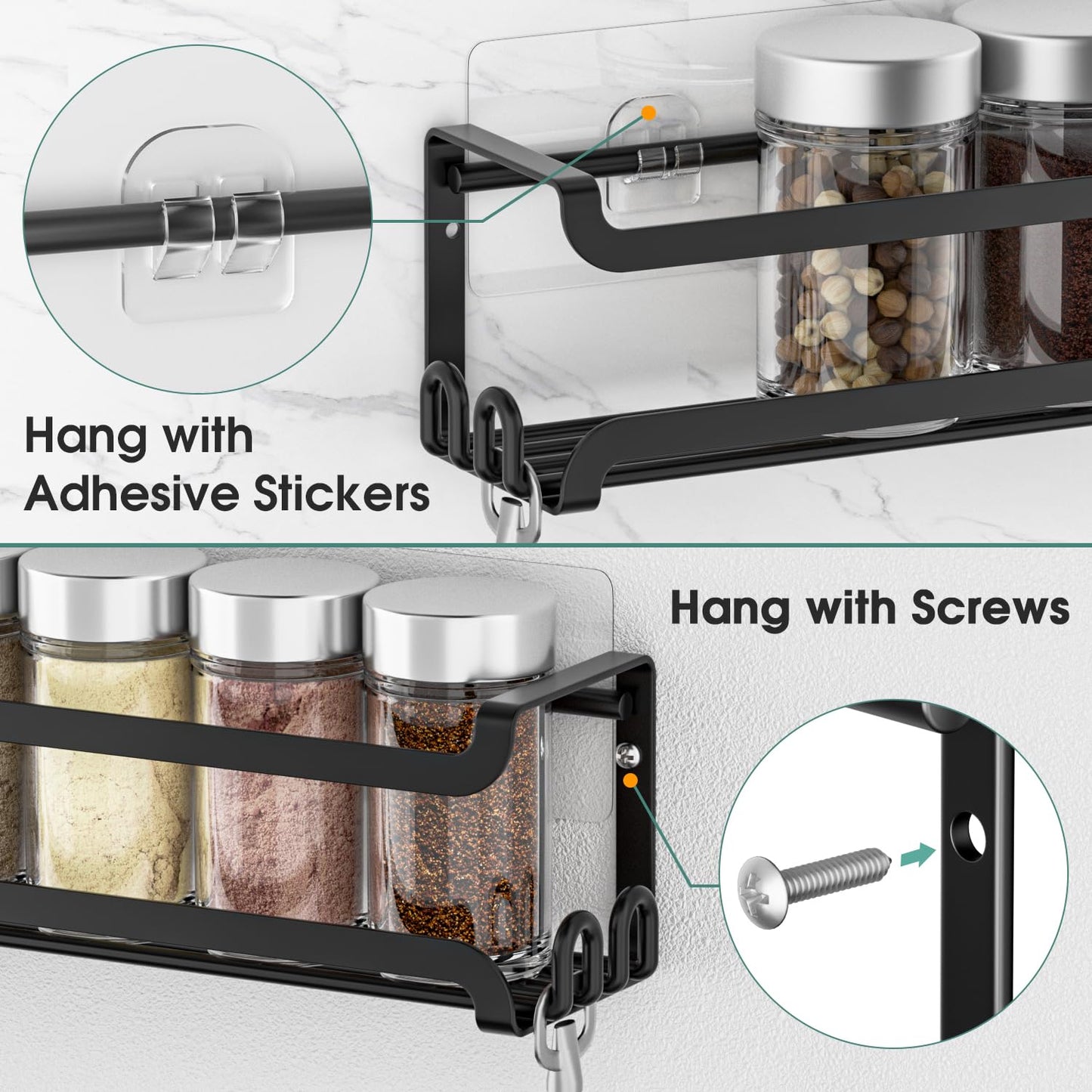 LUCYCAZ 2 Pack Wall Mounted Spice Rack with 8 Hooks, Spice Organizer Shelf for Stove Cabinet Pantry Door,Screw or Adhesive Spice Shelf Hanging Wall Spice Rack in Kitchen and RV (Black, 2 PACK)