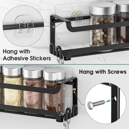 LUCYCAZ 2 Pack Wall Mounted Spice Rack with 8 Hooks, Spice Organizer Shelf for Stove Cabinet Pantry Door,Screw or Adhesive Spice Shelf Hanging Wall Spice Rack in Kitchen and RV (Black, 2 PACK)