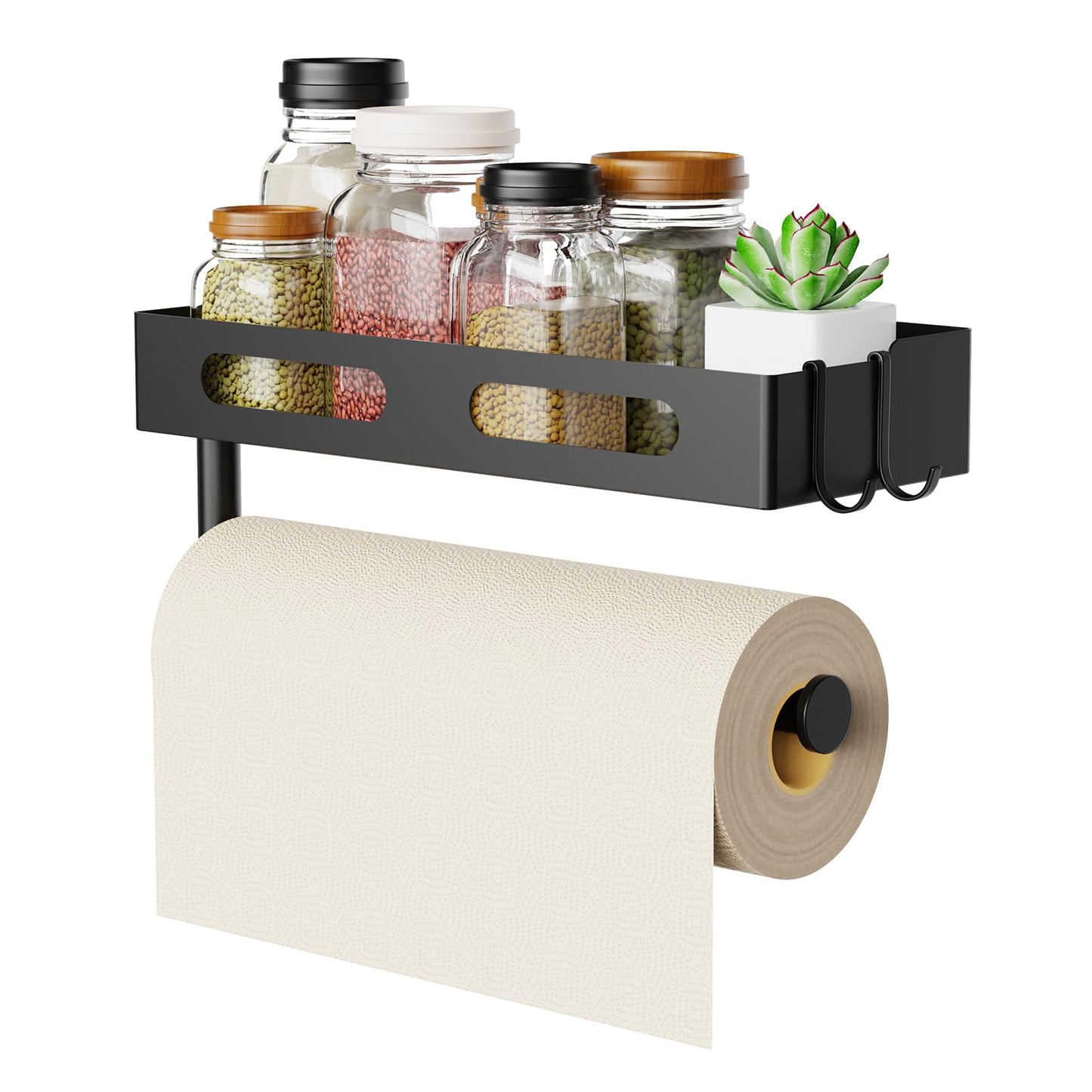 Paper Towel Holder Wall Mount for Kitchen, Paper Towel Holder with Shelf for Bathroom, RV Paper Towel Rack, Spice Rack with 2 Hooks,Matte Black