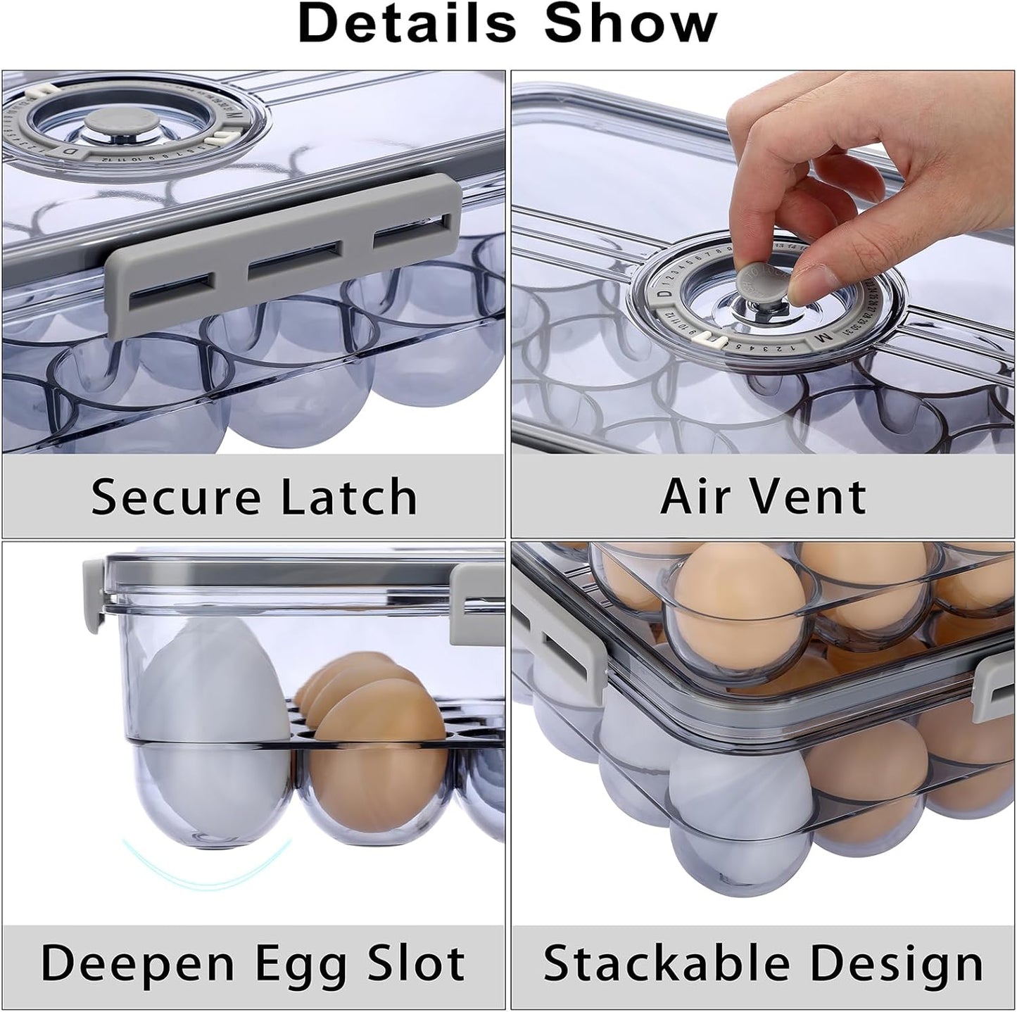 BTSKY Premium Plastic Egg Holder for Fridge - 24 Count Egg Container with Time Reminder and Lid, Reusable Stackable Egg