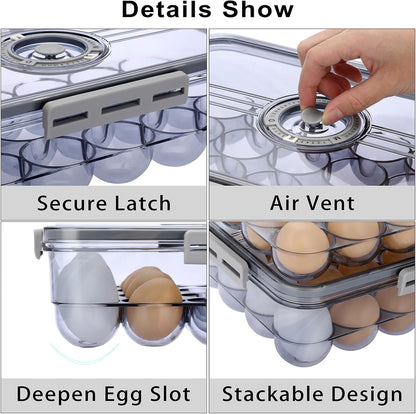 BTSKY Premium Plastic Egg Holder for Fridge - 24 Count Egg Container with Time Reminder and Lid, Reusable Stackable Egg