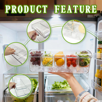 Pesilo Ice Chilled Condiment Server, 5 Removable Compartments Condiment Containers with Lids Drain Plug, Clear Garnish Tray Serving Platter Holder for Caddy Fruit Snack Sauce Taco Salad Bar Supplies
