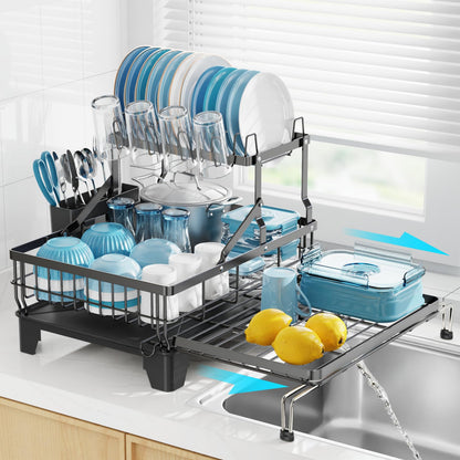 GSlife Large 2 Tier Dish Drying Rack, Expandable Heavy-Duty Dish Rack for Kitchen Counter, Rust-Resistant Dish Drainer with Utensil & Cup Holder, Auto-Drain, 16.9" W x 14.4"-22.4" L, Black