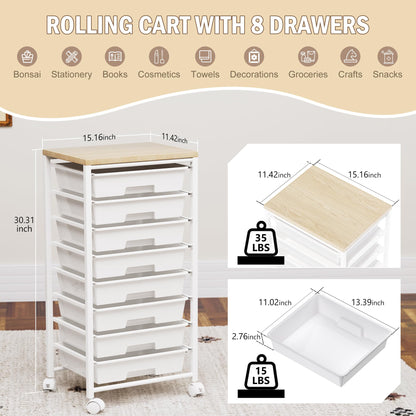 Rolling Cart with 8 Drawers, Storage Drawers Cart with Wooden Tabletop and Lockable Wheels, Craft Storage for Living Room, Office, Classroom, Craft Room, Bedroom