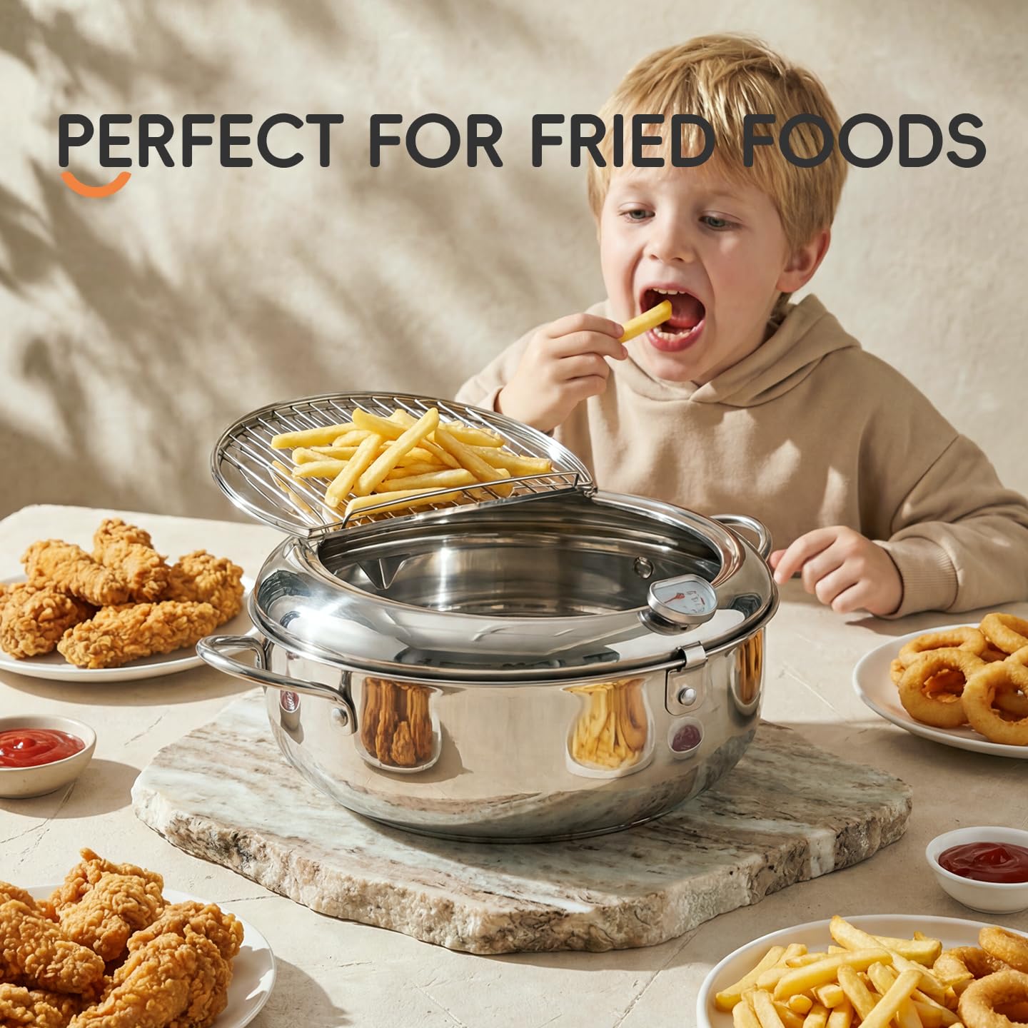 PUCOHOUSE Deep Fryer Pot, Japanese Frying Pot 4.2L/4.5Qt Large, 304 Stainless Steel Tempura Fryer with Lid, Thermometer and Oil Drip Drain Rack for Family Cooking
