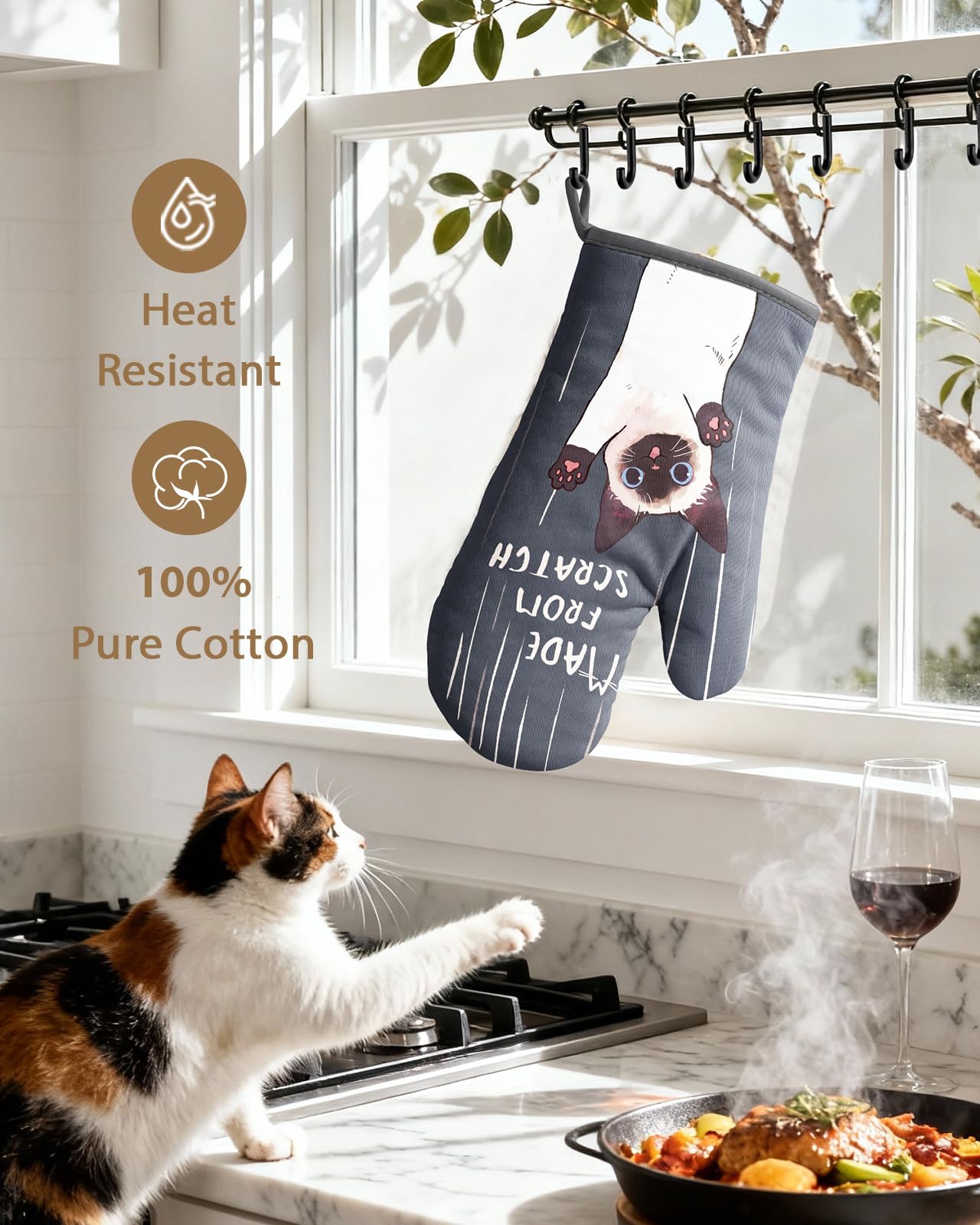 Slohif Funny Oven Mitt Heat Resistant for Women - 2 Pack Cat Cute Novelty Cool Kitchen Oven Mittens with 100% Cotton for Baking and Cooking Accessories