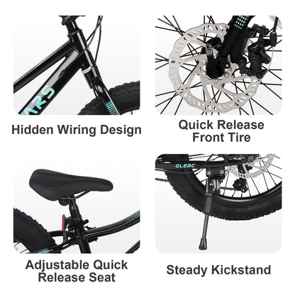 Glerc Mars Kids Mountain Bike, 20 Inch Fat Tire Bike for Teen Ages 6-12 Year Old, Bicycle with 2.8-Inch Wide Tires and 6 Speed Drivetrain, Black