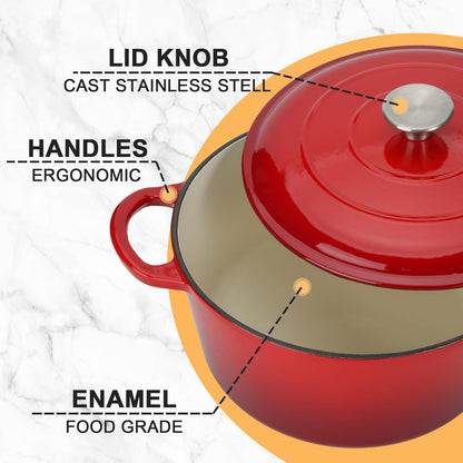 Enameled Cast Iron Dutch Oven Casserole with Lid - 5.5 Quart, Oven Safe up to 500°F, Heavy-Duty Cookware