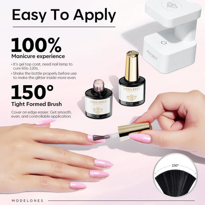 modelones Builder Nail Gel with Gel Top Coat, 3Pcs Clear Builder Nail Kit for Thickening Apex Building Extension Rhinestone Gel Tips Glue, U/V LED Lamp Cured for Home DIY Salon Girls