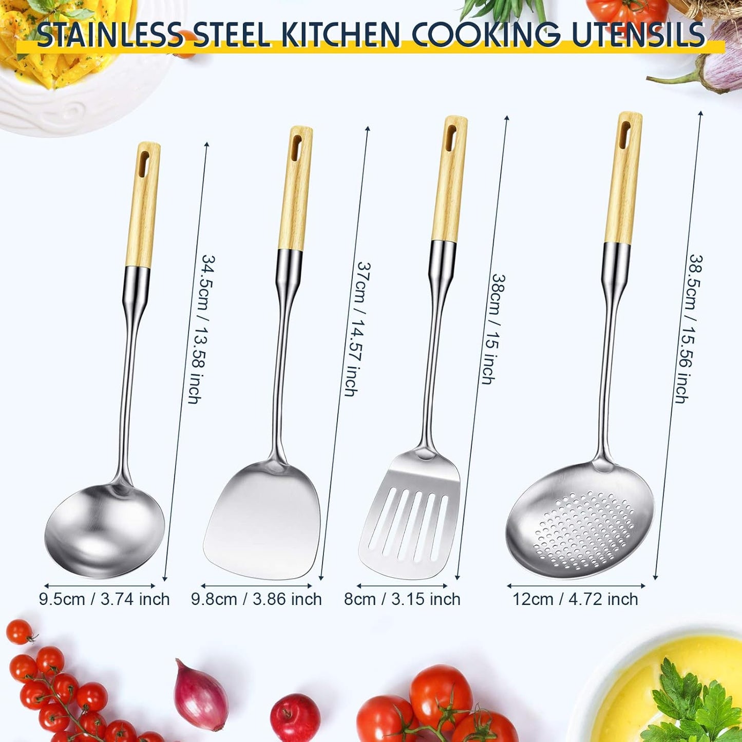 Stainless Steel Kitchen Cooking Utensils Set, Specialty Chinese Wok Utensils with Skimmer, Slotted Spoon, Spatula Turner