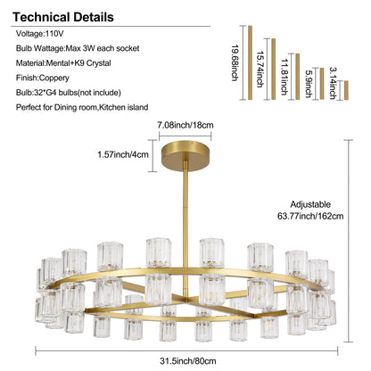 Leadtek 31.5 Inch Gold Wagon Wheel Chandelier, Modern Farmhouse Chandelier with K9 Crystal Chandelier Shade, for Dining Room Light Fixture, Kitchen Island, Entryway, Foyer