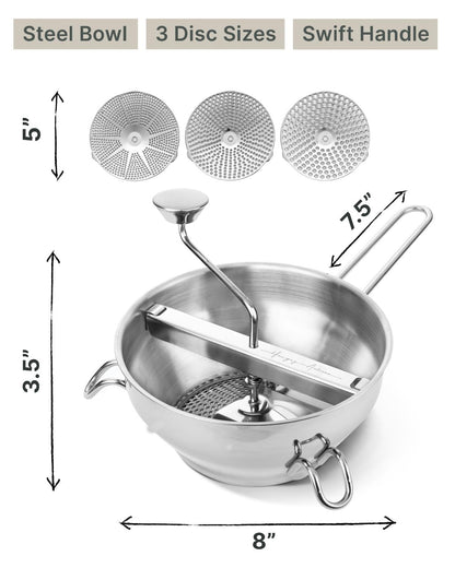 Stainless Steel Food Mill with 3 Discs – Ergonomic Rotary Hand Crank for Tomato Sauce, Applesauce, Baby Food, Mashed Potatoes, Puree & Canning