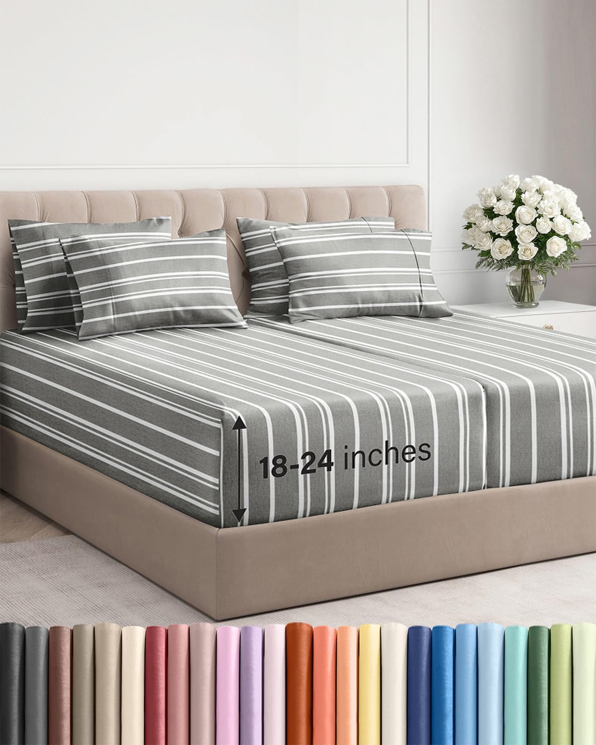Skiennix Extra Deep Split King Sheet Set - 7 Piece Cooling Bedding - Soft, Wrinkle-Free Grey Stripes