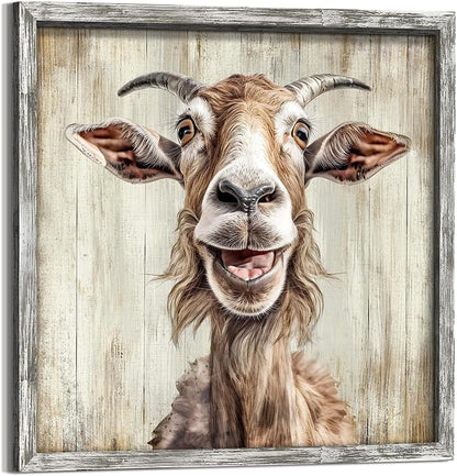 20 20 Inch Farmhouse Goat Wall Art Framed: Animal Portrait Print Decor Rustic Wood Nursery Painting Picture Funny Farm