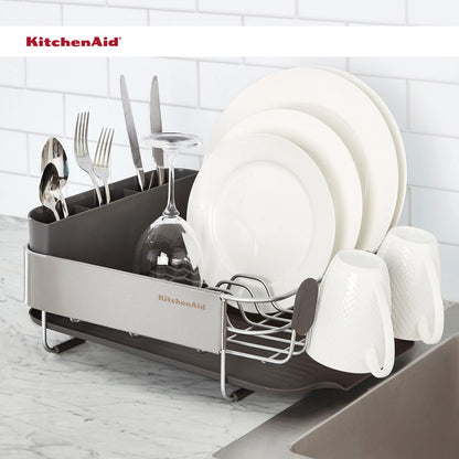 KitchenAid Compact, Space Saving Rust Resistant Dish Rack with Removable Flatware Caddy and Angled Self Draining Drainboard, 16.06-Inch, Black