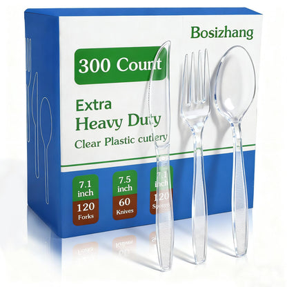 Bosizhang 300 Count Extra Heavy Duty Plastic Silverware, 120 Spoons, 120 Forks, 60 Knives, BPA-Free & Heat Resistant Disposable Plastic Utensils Set, Clear Cutlery Set for Party and Daily Use