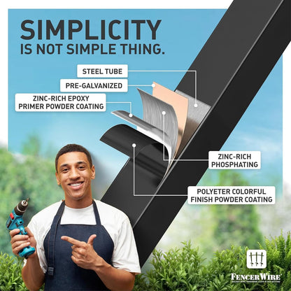 Fencer Wire 76FT Heavy Duty Pinnacle Fence Barrier Kit, Anti-Rust Metal Steel Fence with 5FT Height X 6FT Width Panels, with Flat Top Gate, Posts, Connectors, Outdoor Fencing for Yard