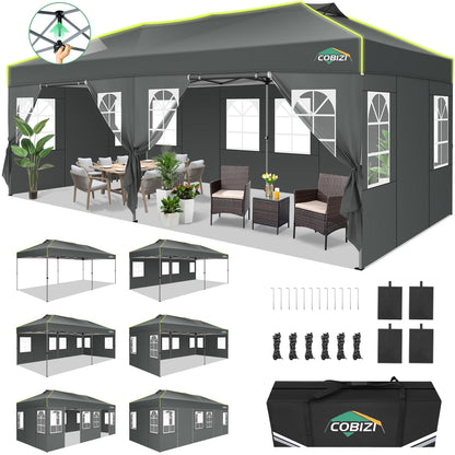 COBIZI 10x20 Pop Up Canopy Tent with 6 Removable Sidewalls, One Push Party Tent Outdoor Waterproof Event Canopy with Air Vent for Parties Commercial Wedding, 3 Height, Carry Bag, Sandbag, Gray