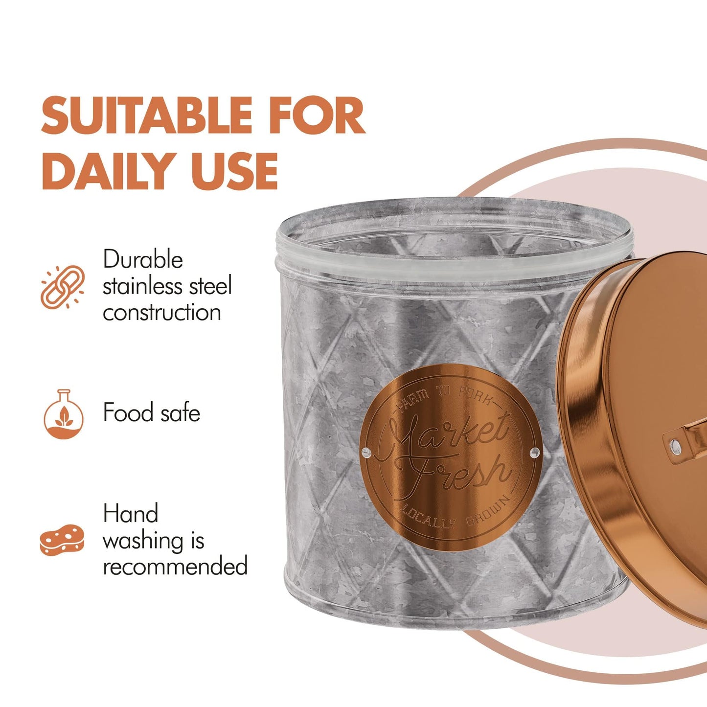 Amici Home Bristol Metal Canister | Food Storage Container with Lid | Canisters for Kitchen Counter | Galvanized Metal/Copper Lid | Farmhouse Décor | 52 Oz