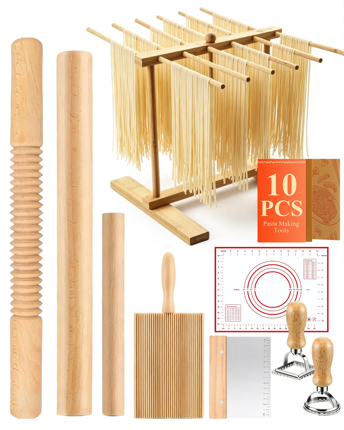 10Pcs Pasta Making Tools, Wooden Gnocchi Board & Pasta Guitar Rolling Pin Complete Pasta Kit with Dough Scraper, Drying Rack, Ravioli Stamp Cutters | DIY Homemade Pasta Tools, Ideal Kitchen Gift