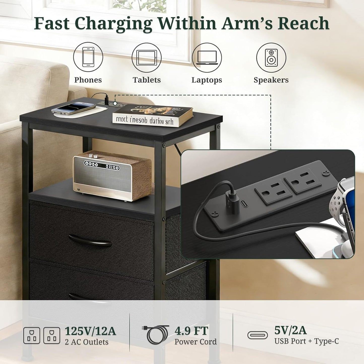2 Nightstand with Charging Station, Bedside Table with USB Ports & Outlets, Small Dresser End Table with Fabric Drawer