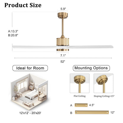 LEDLUX 52" Ceiling Fan with Light – Remote Control, Solid Wood, Quiet Reversible DC Motor, White/Gold Finish, Includes 4.5"/12" Downrods, Noiseless Ceiling Fan for Bedroom, Living Room, Porch