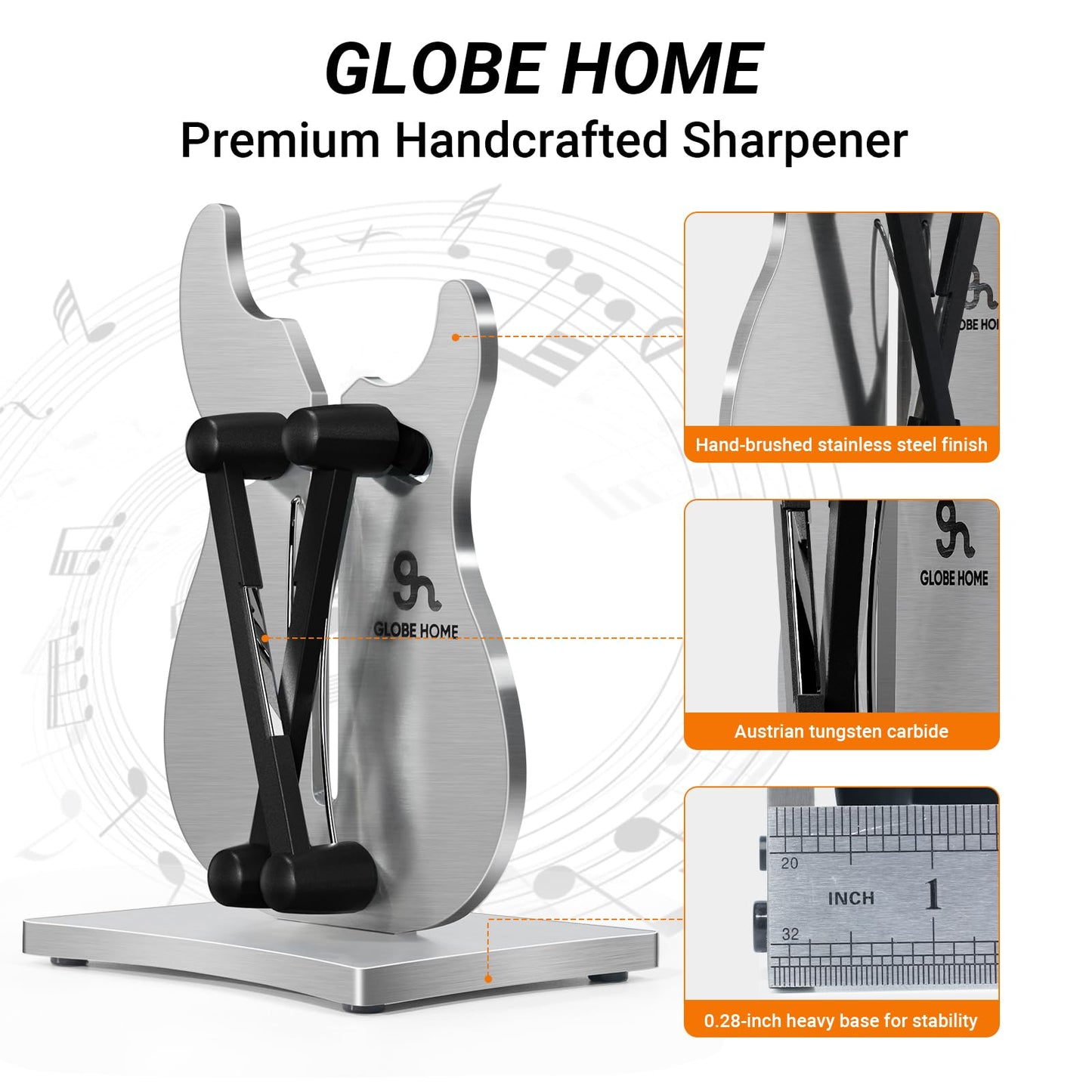 GLOBEHOME Professional Knife Sharpener for Kitchen, 3-Action Blade Sharpener with Tungsten Carbide, Auto Adjustable Brushed Stainless Steel Manual Sharpener for Serrated, Beveled, Standard Blades