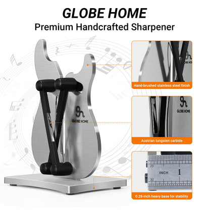 GLOBEHOME Professional Knife Sharpener for Kitchen, 3-Action Blade Sharpener with Tungsten Carbide, Auto Adjustable Brushed Stainless Steel Manual Sharpener for Serrated, Beveled, Standard Blades
