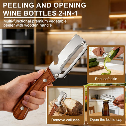 2PCS Multi Functional Premium Vegetable Peeler with Wooden Handle and Bottle Opener,Stainless Steel Blade Kitchen Tool for Fruit Apple Potato Pumpkin Papaya Carrot