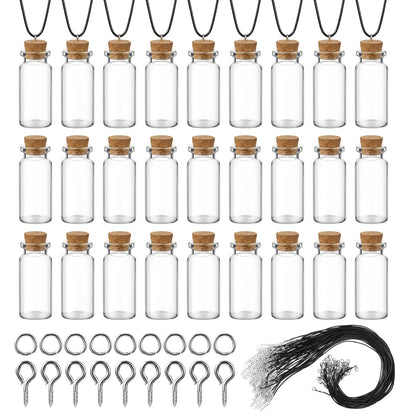 Sawysine 50 Set 10 ml Mini Glass Bottles with Cork Tiny Wishing Bottles Black Waxed Cord Eye Screws Clasp Rings for DIY Crafts Container Necklace Jars(Black)